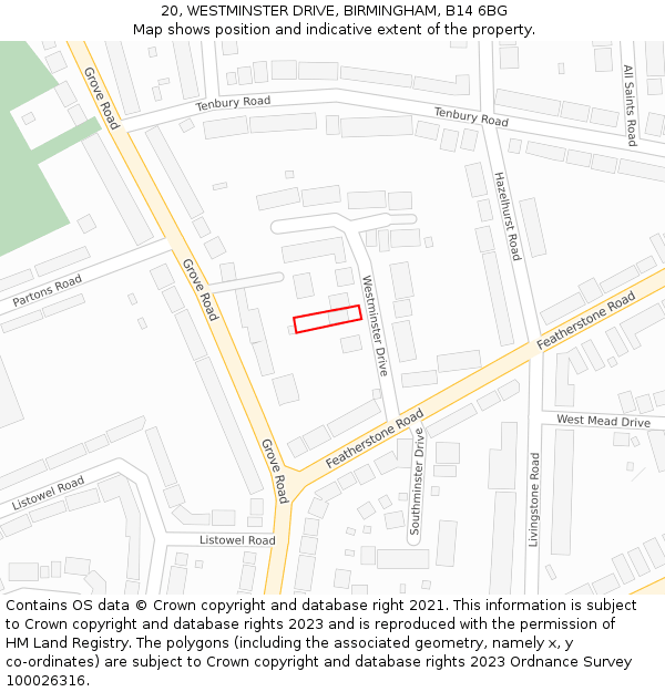 20, WESTMINSTER DRIVE, BIRMINGHAM, B14 6BG: Location map and indicative extent of plot