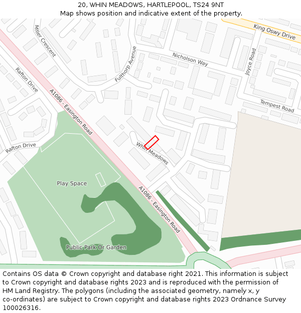 20, WHIN MEADOWS, HARTLEPOOL, TS24 9NT: Location map and indicative extent of plot