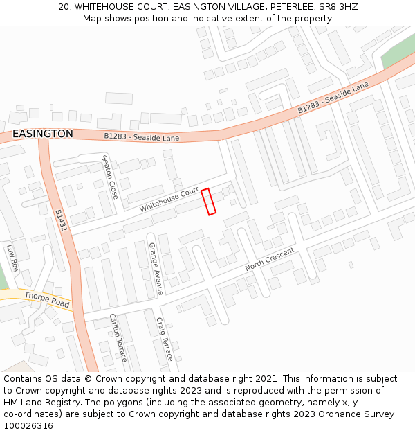 20, WHITEHOUSE COURT, EASINGTON VILLAGE, PETERLEE, SR8 3HZ: Location map and indicative extent of plot