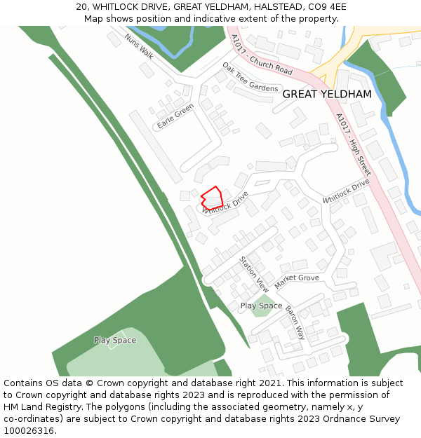 20, WHITLOCK DRIVE, GREAT YELDHAM, HALSTEAD, CO9 4EE: Location map and indicative extent of plot