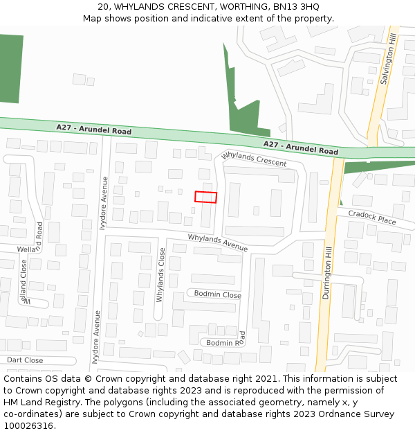 20, WHYLANDS CRESCENT, WORTHING, BN13 3HQ: Location map and indicative extent of plot