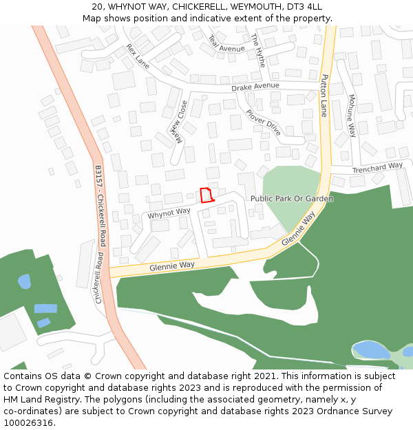 20, WHYNOT WAY, CHICKERELL, WEYMOUTH, DT3 4LL: Location map and indicative extent of plot