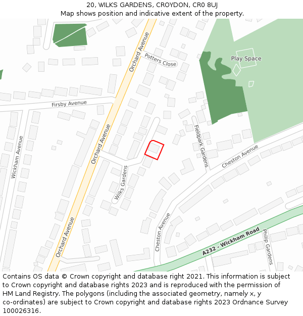 20, WILKS GARDENS, CROYDON, CR0 8UJ: Location map and indicative extent of plot