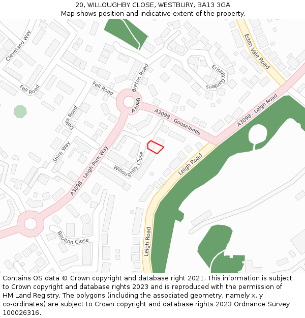 20, WILLOUGHBY CLOSE, WESTBURY, BA13 3GA: Location map and indicative extent of plot