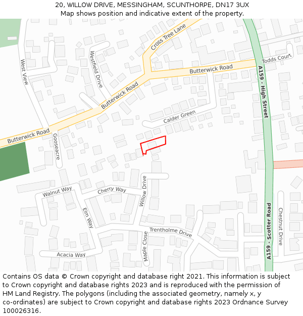 20, WILLOW DRIVE, MESSINGHAM, SCUNTHORPE, DN17 3UX: Location map and indicative extent of plot