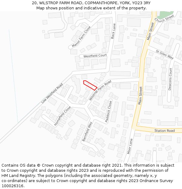 20, WILSTROP FARM ROAD, COPMANTHORPE, YORK, YO23 3RY: Location map and indicative extent of plot