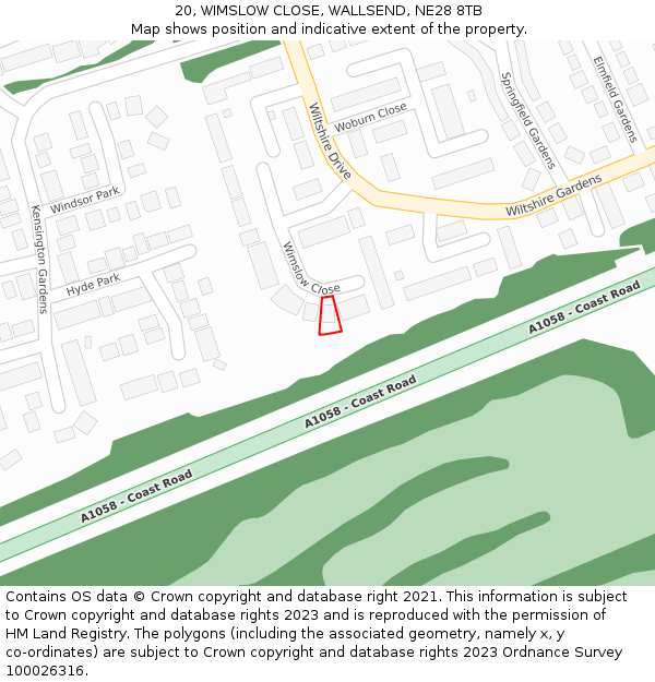 20, WIMSLOW CLOSE, WALLSEND, NE28 8TB: Location map and indicative extent of plot