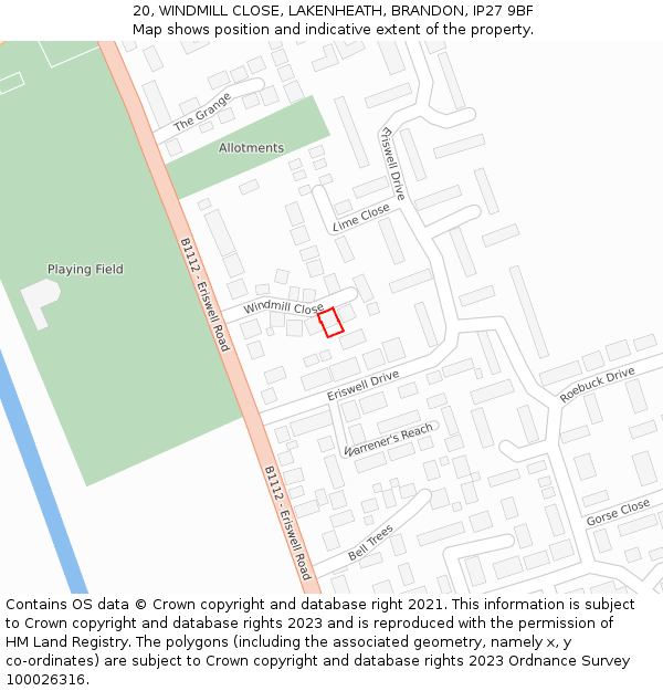 20, WINDMILL CLOSE, LAKENHEATH, BRANDON, IP27 9BF: Location map and indicative extent of plot