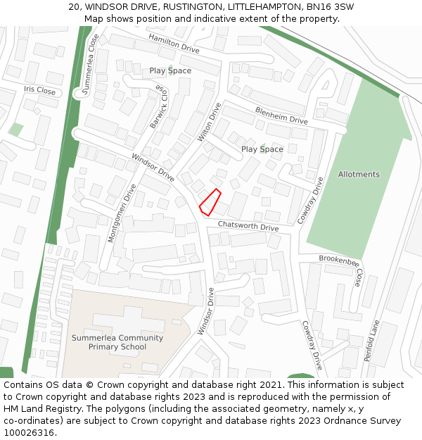 20, WINDSOR DRIVE, RUSTINGTON, LITTLEHAMPTON, BN16 3SW: Location map and indicative extent of plot