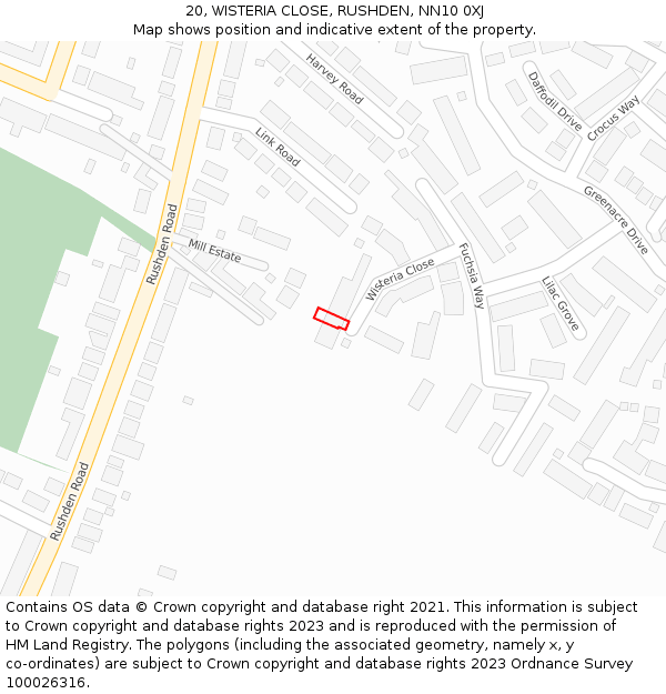 20, WISTERIA CLOSE, RUSHDEN, NN10 0XJ: Location map and indicative extent of plot