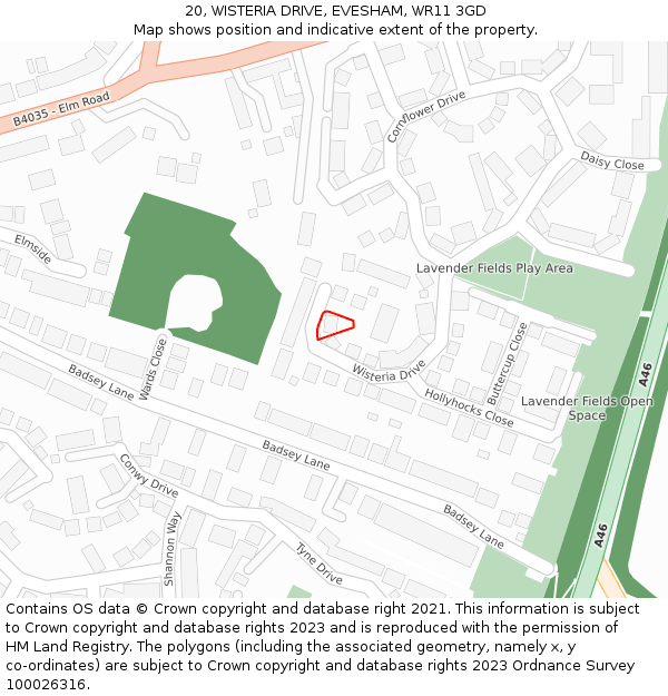 20, WISTERIA DRIVE, EVESHAM, WR11 3GD: Location map and indicative extent of plot