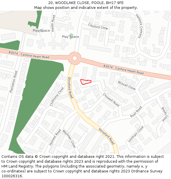 20, WOODLAKE CLOSE, POOLE, BH17 9FE: Location map and indicative extent of plot