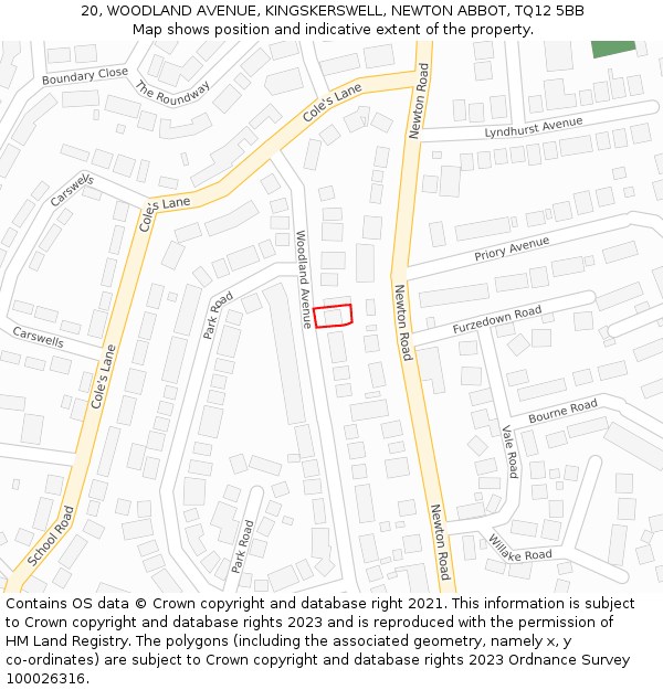 20, WOODLAND AVENUE, KINGSKERSWELL, NEWTON ABBOT, TQ12 5BB: Location map and indicative extent of plot