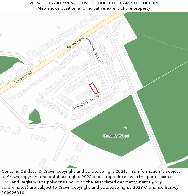 20, WOODLAND AVENUE, OVERSTONE, NORTHAMPTON, NN6 0AJ: Location map and indicative extent of plot