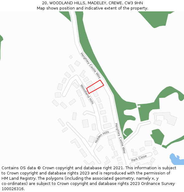 20, WOODLAND HILLS, MADELEY, CREWE, CW3 9HN: Location map and indicative extent of plot