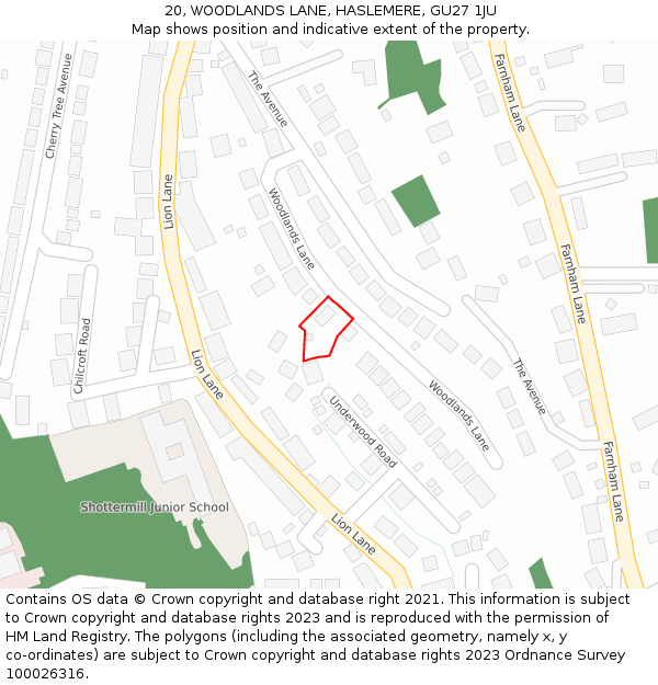 20, WOODLANDS LANE, HASLEMERE, GU27 1JU: Location map and indicative extent of plot
