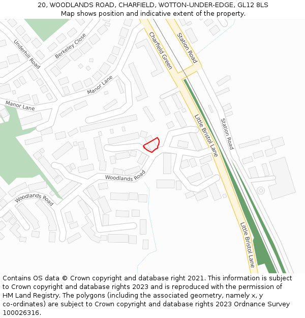 20, WOODLANDS ROAD, CHARFIELD, WOTTON-UNDER-EDGE, GL12 8LS: Location map and indicative extent of plot