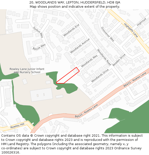 20, WOODLANDS WAY, LEPTON, HUDDERSFIELD, HD8 0JA: Location map and indicative extent of plot