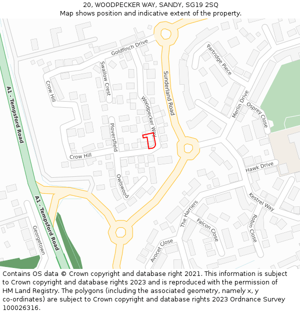 20, WOODPECKER WAY, SANDY, SG19 2SQ: Location map and indicative extent of plot