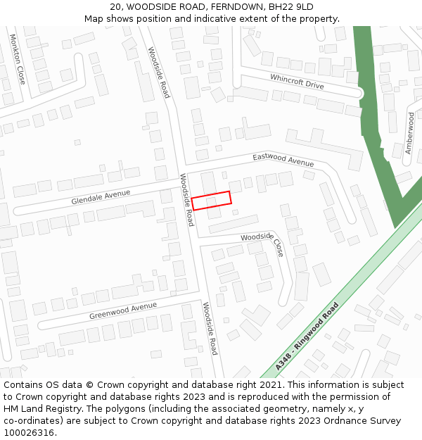 20, WOODSIDE ROAD, FERNDOWN, BH22 9LD: Location map and indicative extent of plot