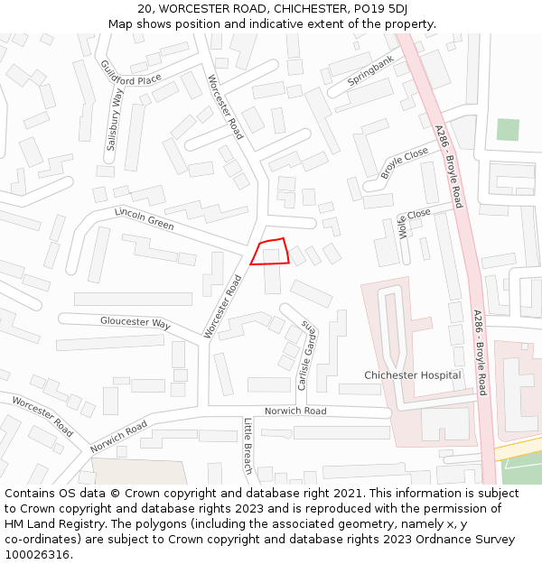 20, WORCESTER ROAD, CHICHESTER, PO19 5DJ: Location map and indicative extent of plot