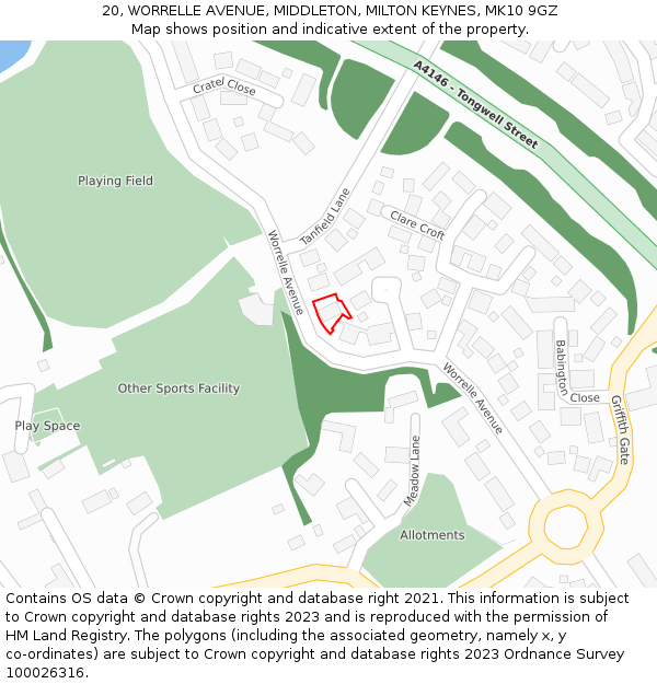 20, WORRELLE AVENUE, MIDDLETON, MILTON KEYNES, MK10 9GZ: Location map and indicative extent of plot