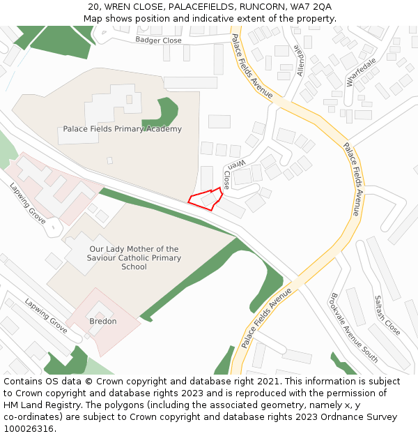 20, WREN CLOSE, PALACEFIELDS, RUNCORN, WA7 2QA: Location map and indicative extent of plot