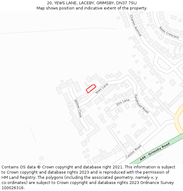 20, YEWS LANE, LACEBY, GRIMSBY, DN37 7SU: Location map and indicative extent of plot