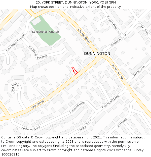 20, YORK STREET, DUNNINGTON, YORK, YO19 5PN: Location map and indicative extent of plot