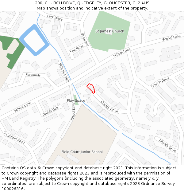 200, CHURCH DRIVE, QUEDGELEY, GLOUCESTER, GL2 4US: Location map and indicative extent of plot