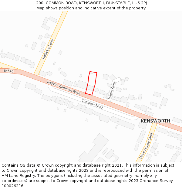 200, COMMON ROAD, KENSWORTH, DUNSTABLE, LU6 2PJ: Location map and indicative extent of plot