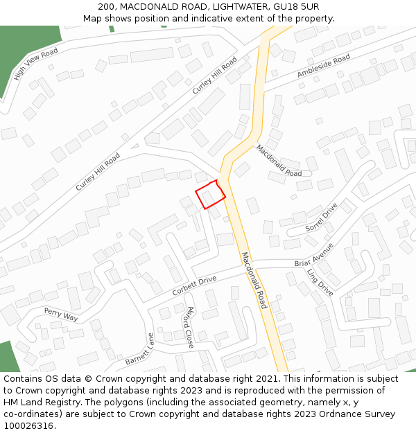 200, MACDONALD ROAD, LIGHTWATER, GU18 5UR: Location map and indicative extent of plot