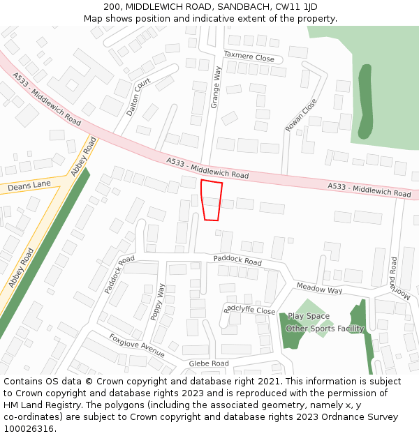 200, MIDDLEWICH ROAD, SANDBACH, CW11 1JD: Location map and indicative extent of plot