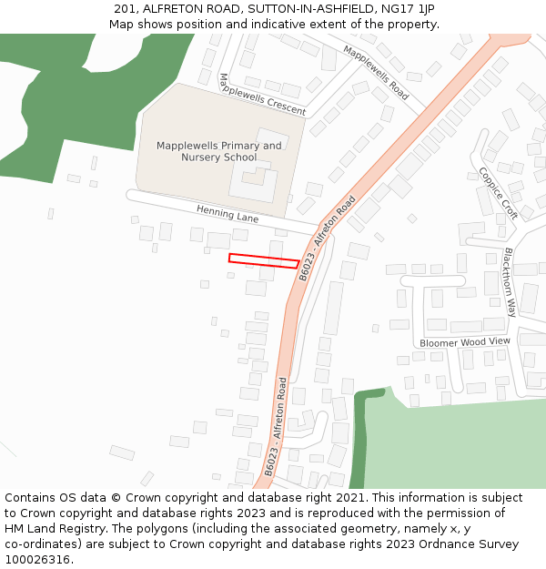 201, ALFRETON ROAD, SUTTON-IN-ASHFIELD, NG17 1JP: Location map and indicative extent of plot