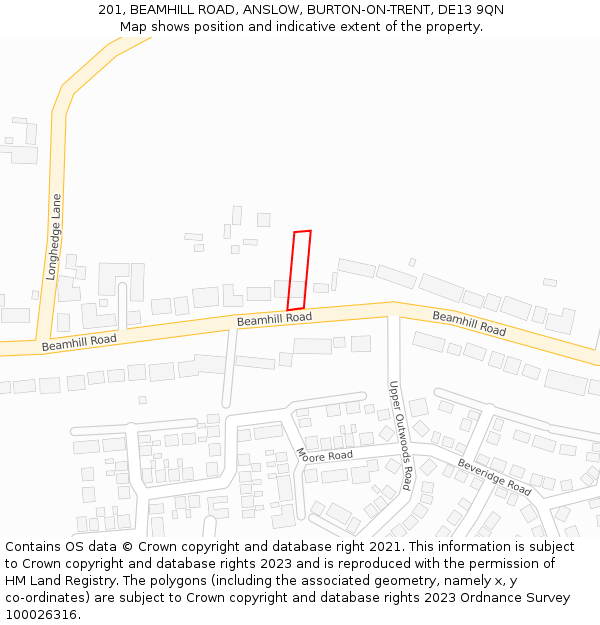 201, BEAMHILL ROAD, ANSLOW, BURTON-ON-TRENT, DE13 9QN: Location map and indicative extent of plot