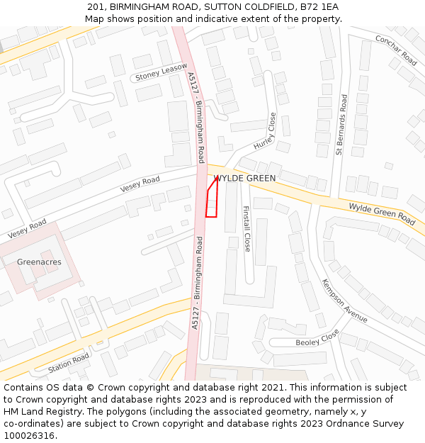 201, BIRMINGHAM ROAD, SUTTON COLDFIELD, B72 1EA: Location map and indicative extent of plot