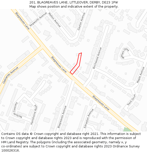 201, BLAGREAVES LANE, LITTLEOVER, DERBY, DE23 1PW: Location map and indicative extent of plot