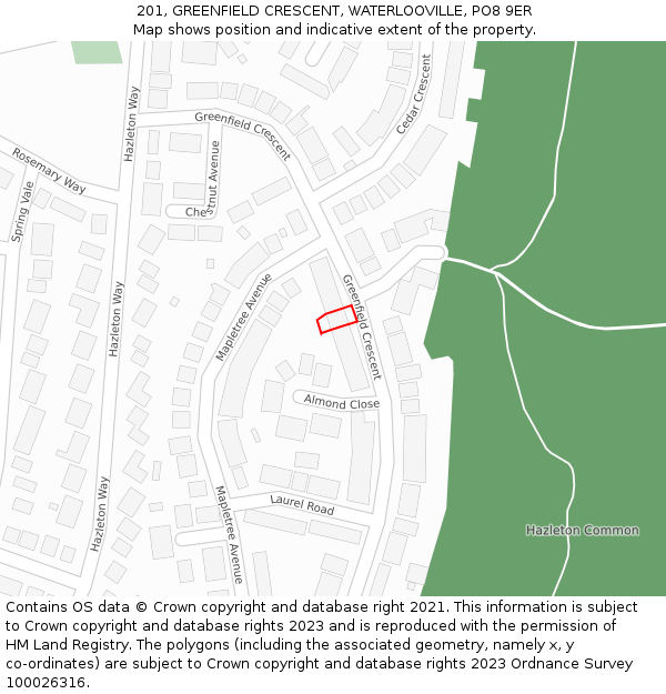 201, GREENFIELD CRESCENT, WATERLOOVILLE, PO8 9ER: Location map and indicative extent of plot