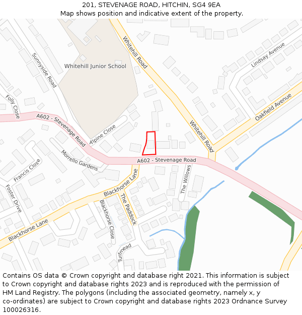 201, STEVENAGE ROAD, HITCHIN, SG4 9EA: Location map and indicative extent of plot