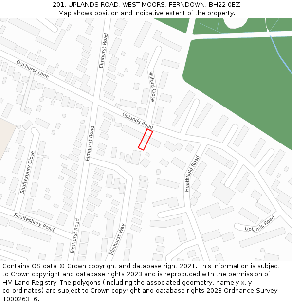 201, UPLANDS ROAD, WEST MOORS, FERNDOWN, BH22 0EZ: Location map and indicative extent of plot