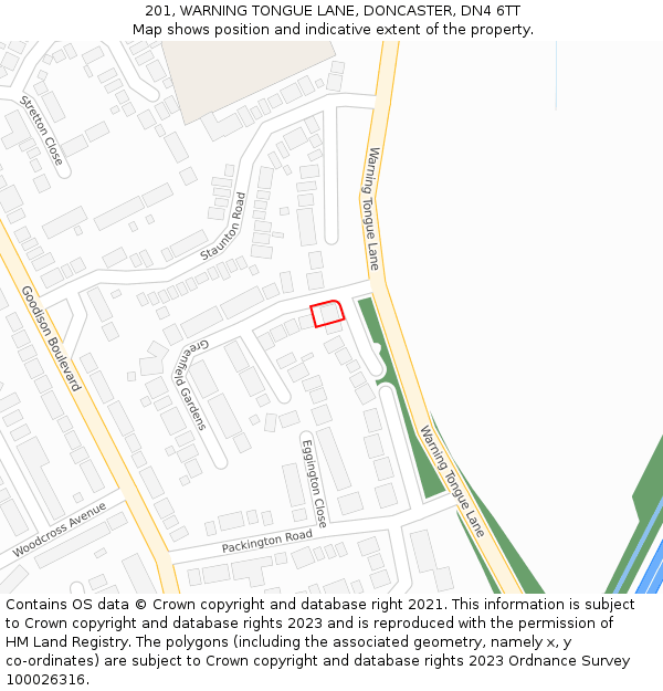 201, WARNING TONGUE LANE, DONCASTER, DN4 6TT: Location map and indicative extent of plot