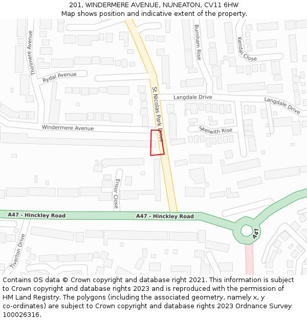 201, WINDERMERE AVENUE, NUNEATON, CV11 6HW: Location map and indicative extent of plot
