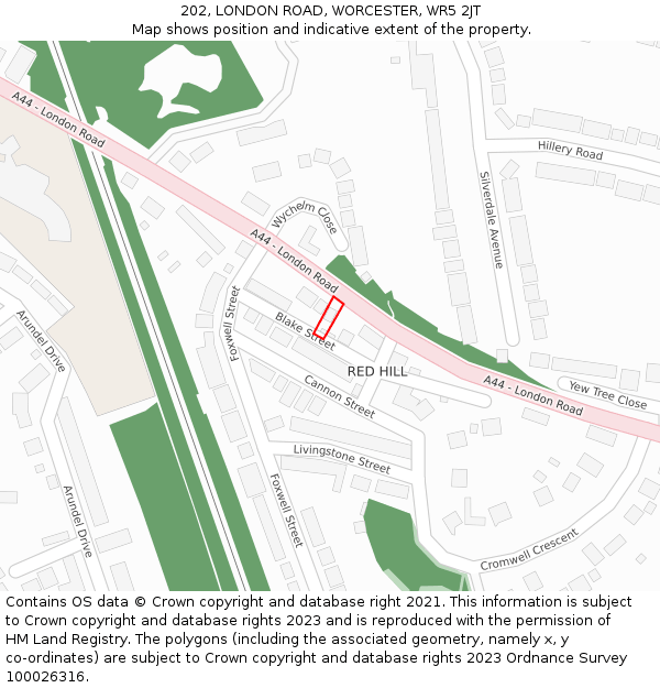 202, LONDON ROAD, WORCESTER, WR5 2JT: Location map and indicative extent of plot