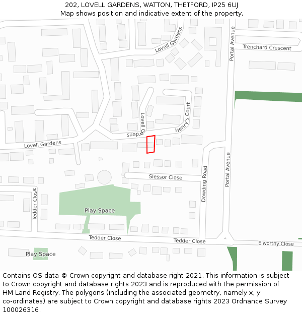 202, LOVELL GARDENS, WATTON, THETFORD, IP25 6UJ: Location map and indicative extent of plot