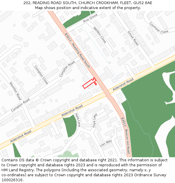 202, READING ROAD SOUTH, CHURCH CROOKHAM, FLEET, GU52 6AE: Location map and indicative extent of plot