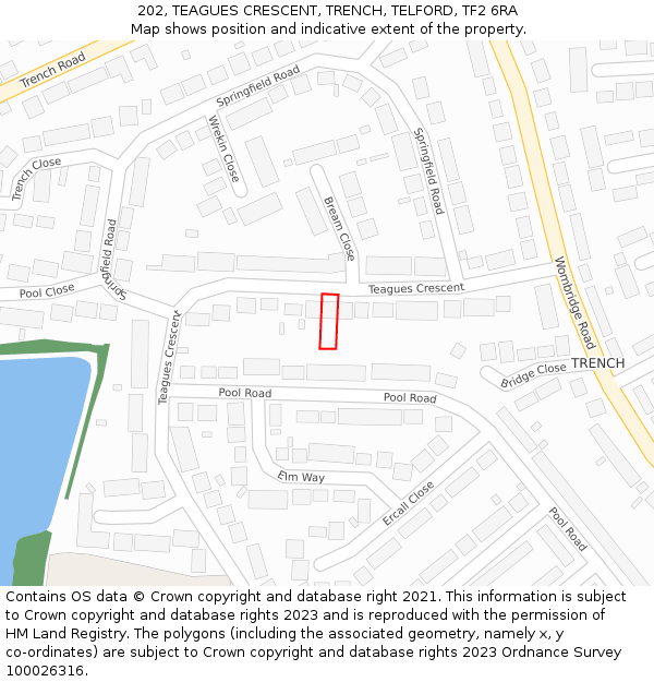 202, TEAGUES CRESCENT, TRENCH, TELFORD, TF2 6RA: Location map and indicative extent of plot
