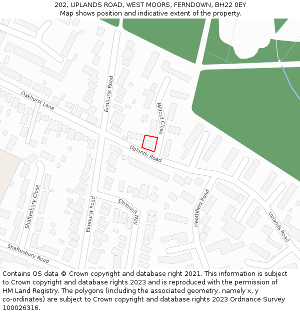 202, UPLANDS ROAD, WEST MOORS, FERNDOWN, BH22 0EY: Location map and indicative extent of plot