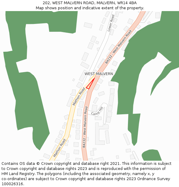 202, WEST MALVERN ROAD, MALVERN, WR14 4BA: Location map and indicative extent of plot