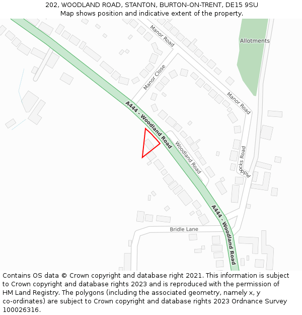 202, WOODLAND ROAD, STANTON, BURTON-ON-TRENT, DE15 9SU: Location map and indicative extent of plot