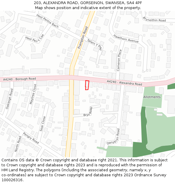 203, ALEXANDRA ROAD, GORSEINON, SWANSEA, SA4 4PF: Location map and indicative extent of plot